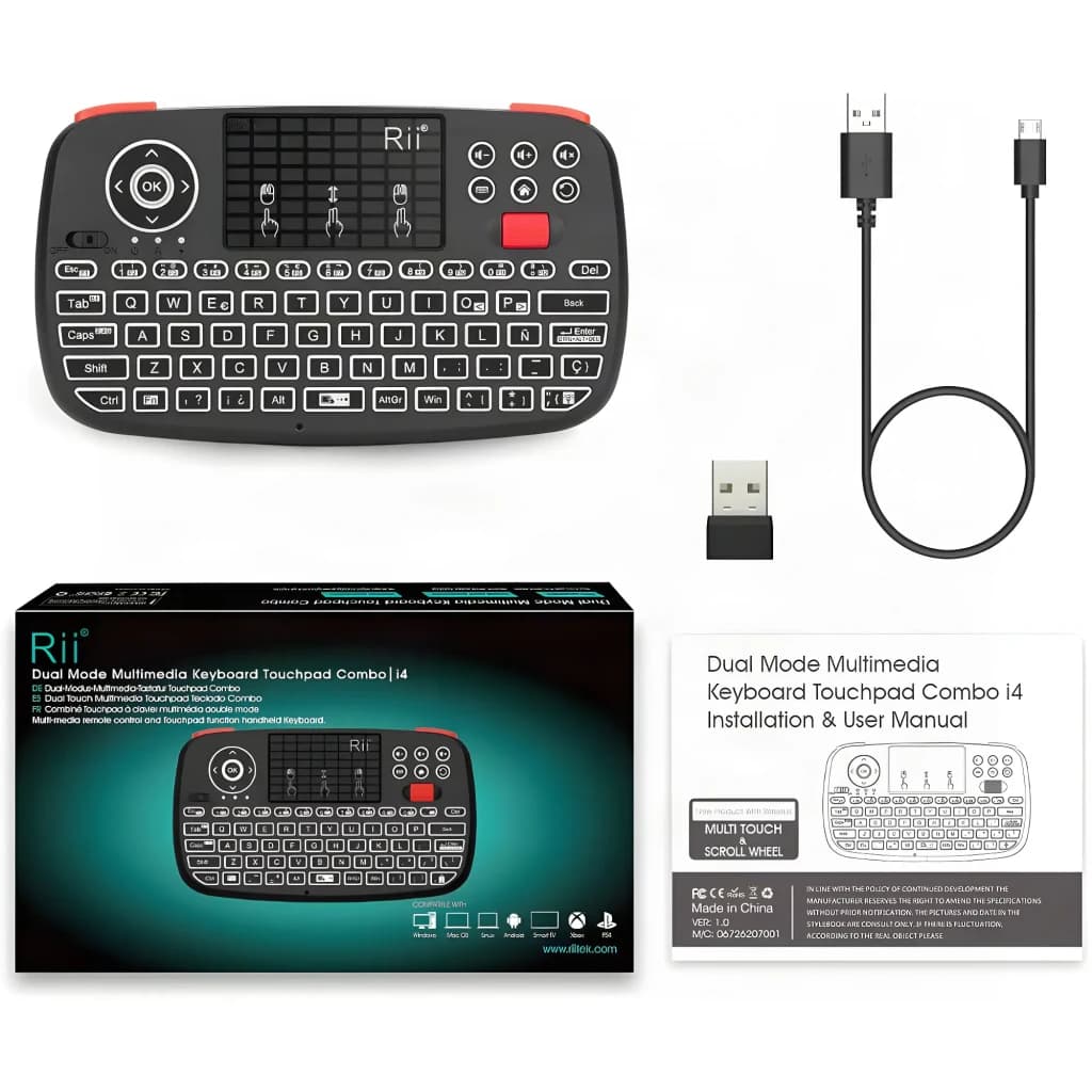 Teclado sem fios Rii i4 Mini Preto Bluetooth Touchpad integrado, conteúdo da caixa: teclado, cabo USB, receptor e manual