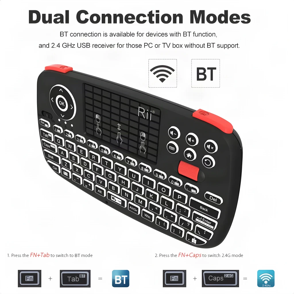 Teclado sem fios Rii i4 Mini Preto Bluetooth Touchpad integrado, vista em ângulo: modos de ligação dual BT e 2.4GHz