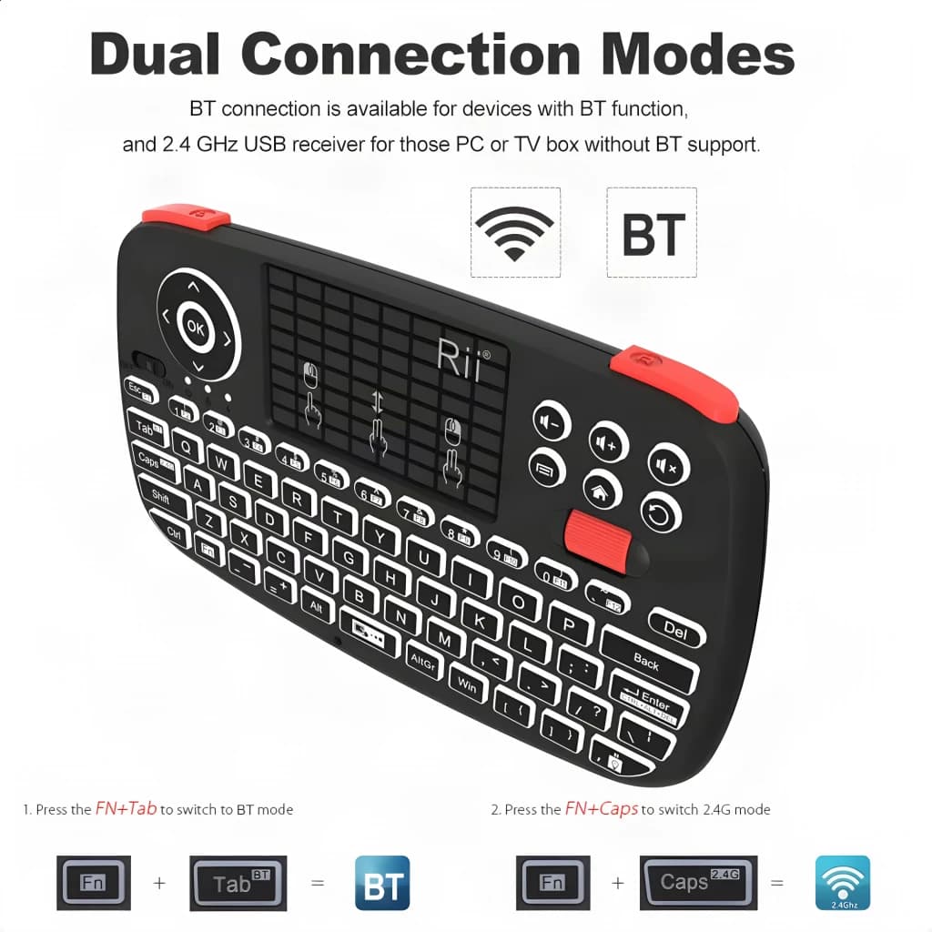 Teclado sem fios Rii i4 Mini Preto Bluetooth Touchpad integrado, vista em ângulo: modos de ligação dual BT e 2.4GHz