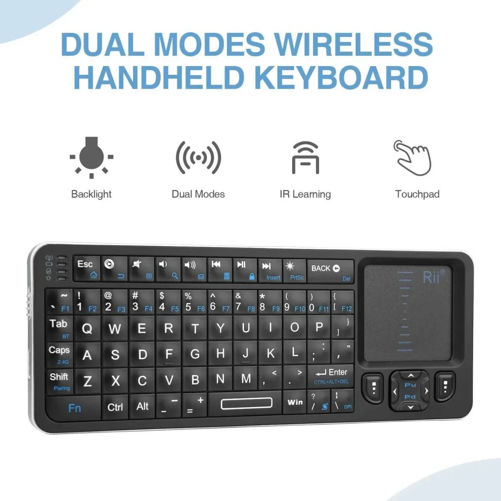Teclado Rii K06 Mini Inalámbrico RGB con touchpad integrado, retroiluminación, teclas multimedia y flechas, diseño compacto de mano y modos duales