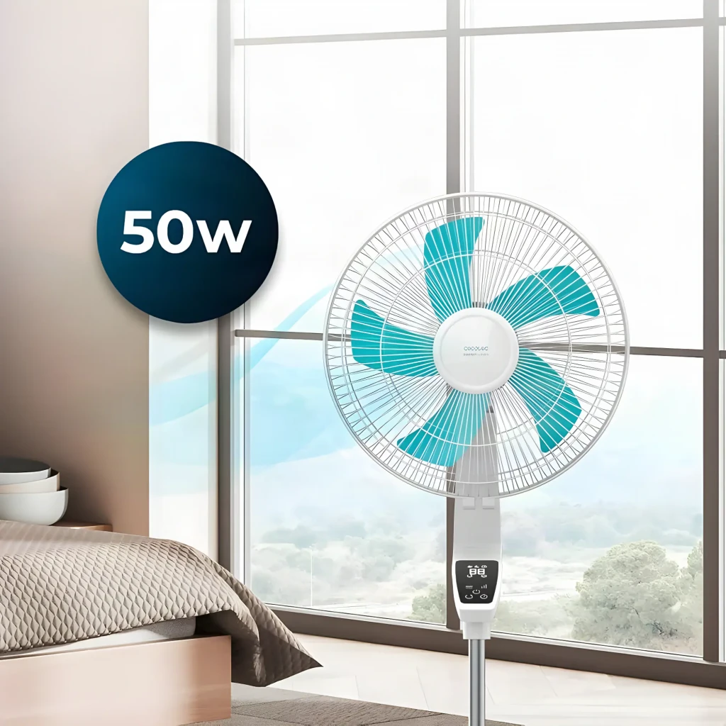 Ventilador de Pé Cecotec EnergySilence 620 Flow Control 50W com grelha azul, hélices translúcidas, altura ajustável, base redonda e controlo remoto - Item1