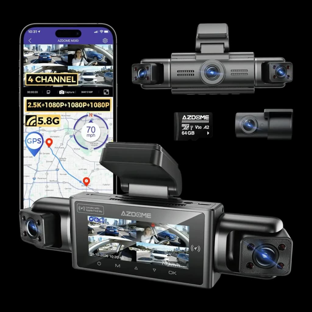 Dashcam AZDOME M350 4 canaux 360° avec écran, optique 2.5K + 3×1080P, GPS, WiFi 5 GHz, objectif central et caméras latérales, carte microSD 64 Go incluse