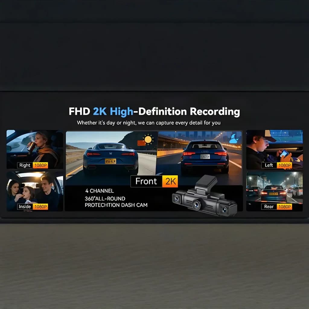 Dashcam AZDOME M350 4 canaux 360° avec capteur avant 2,5K et trois caméras 1080P, GPS intégré, WiFi 5 GHz, vision jour nuit, vue avant arrière intérieur