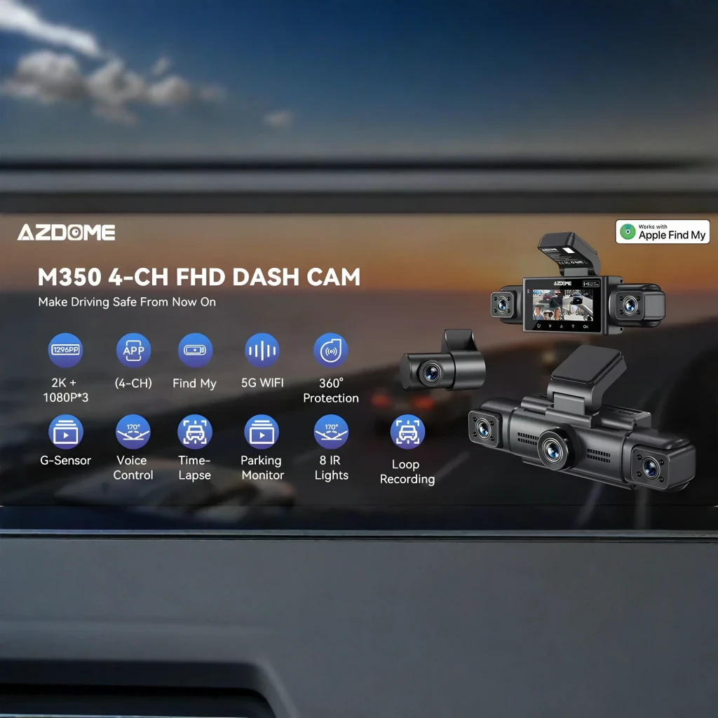 Dashcam AZDOME M350 4 canales 360° con lente frontal 2.5K y 3 cámaras 1080P, pantalla trasera, GPS, WiFi 5 GHz y tarjeta microSD 64 GB incluida - Ítem3