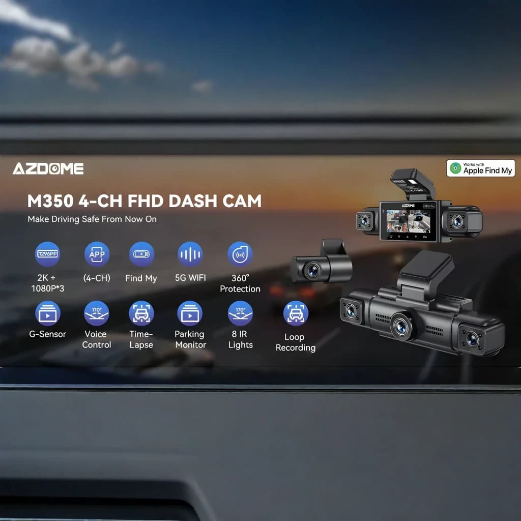 Dashcam AZDOME M350 4 canaux 360° avec écran, capteurs avant/arrière/intérieur, 2.5K + 3×1080p, GPS, WiFi 5 GHz, 8 LED IR, enregistrement en boucle