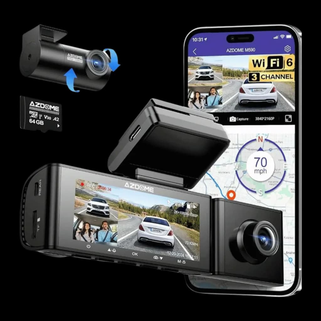 Câmara de bordo Azdome M590 3 canais com lente frontal 2,5K, módulo traseiro 1080P, GPS integrado, ecrã LCD, Wi‑Fi 6 e app móvel para controlo e mapas