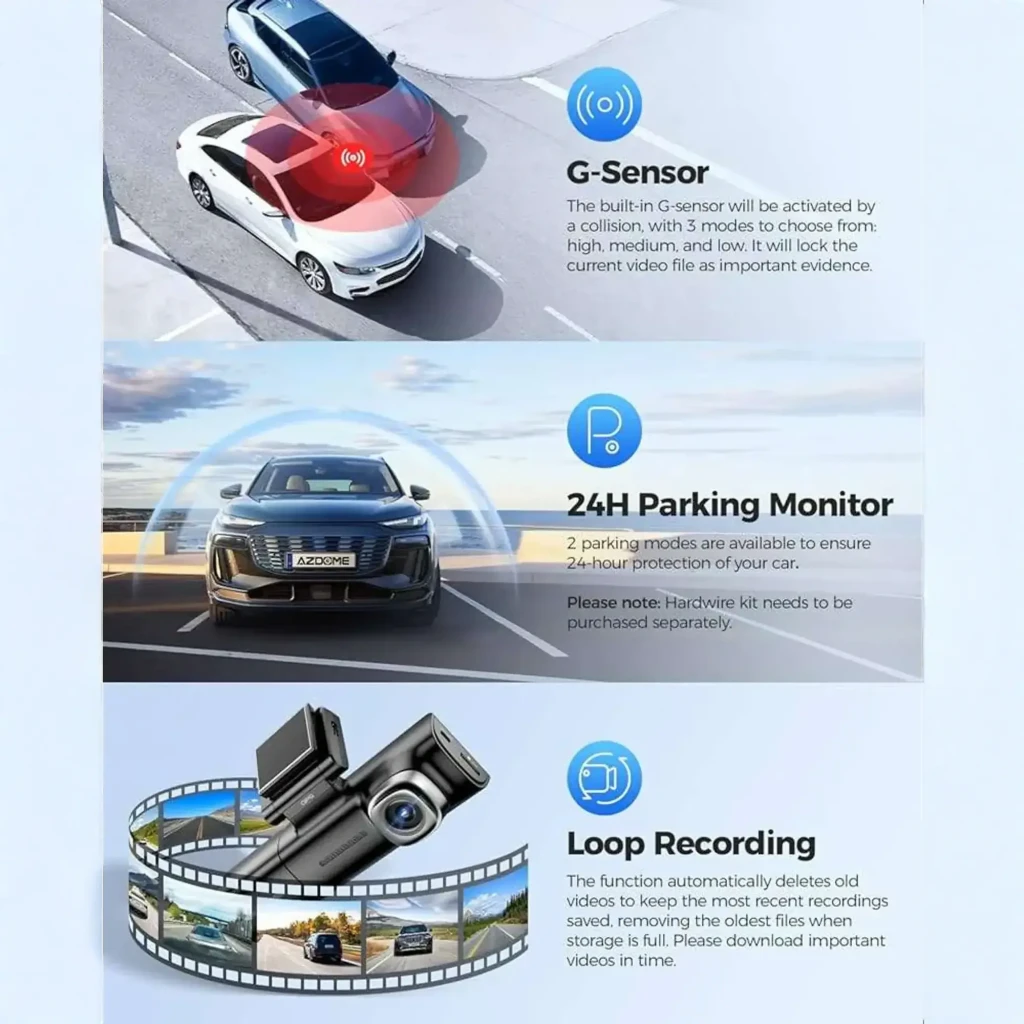 Dashcam Azdome M590 3CH con cámara frontal 2.5K, interior y trasera 1080P, GPS, WiFi 6 y app móvil; pantalla integrada y soporte para microSD 64 GB - Ítem7