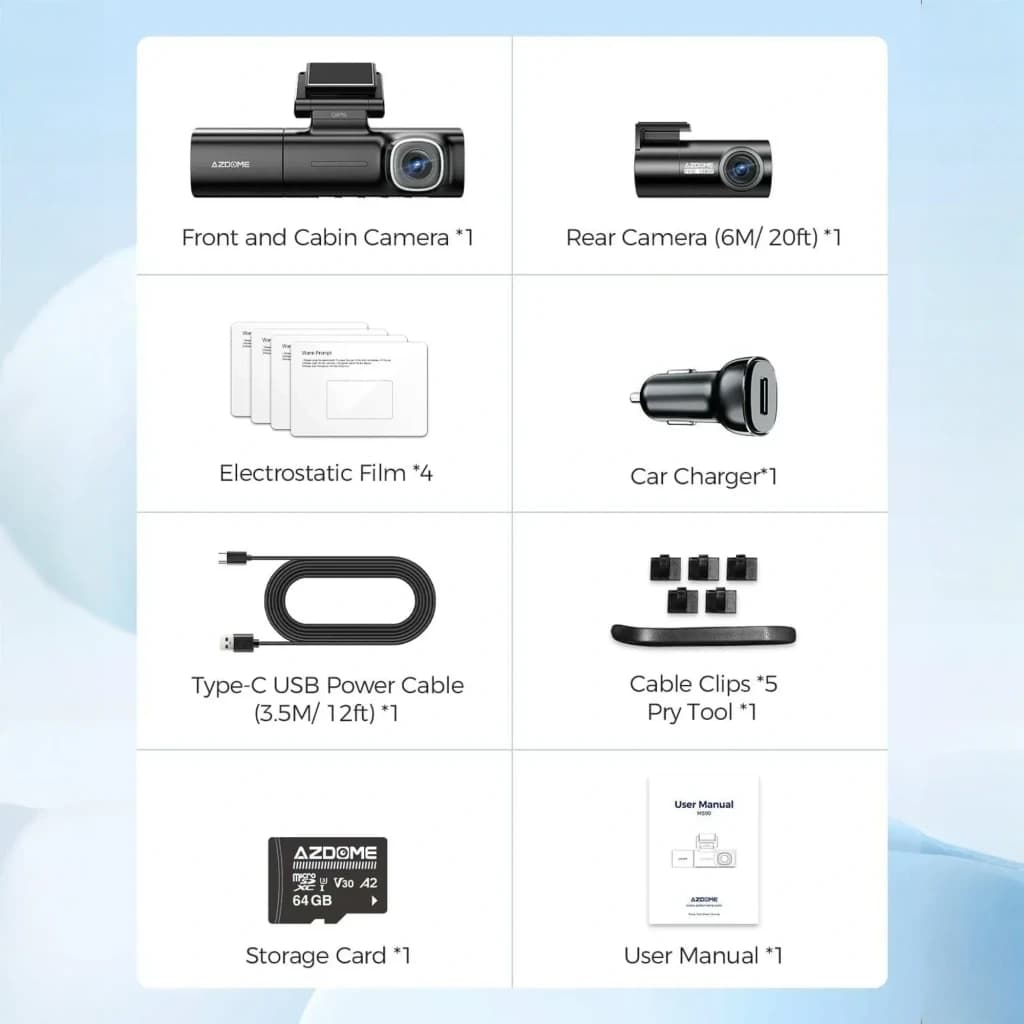 Câmara de bordo Azdome M590 3 canais com GPS, 2,5K frontal e 1080P traseiro/interno; inclui câmera traseira 6 m, carregador carro, cabo USB-C, clips e