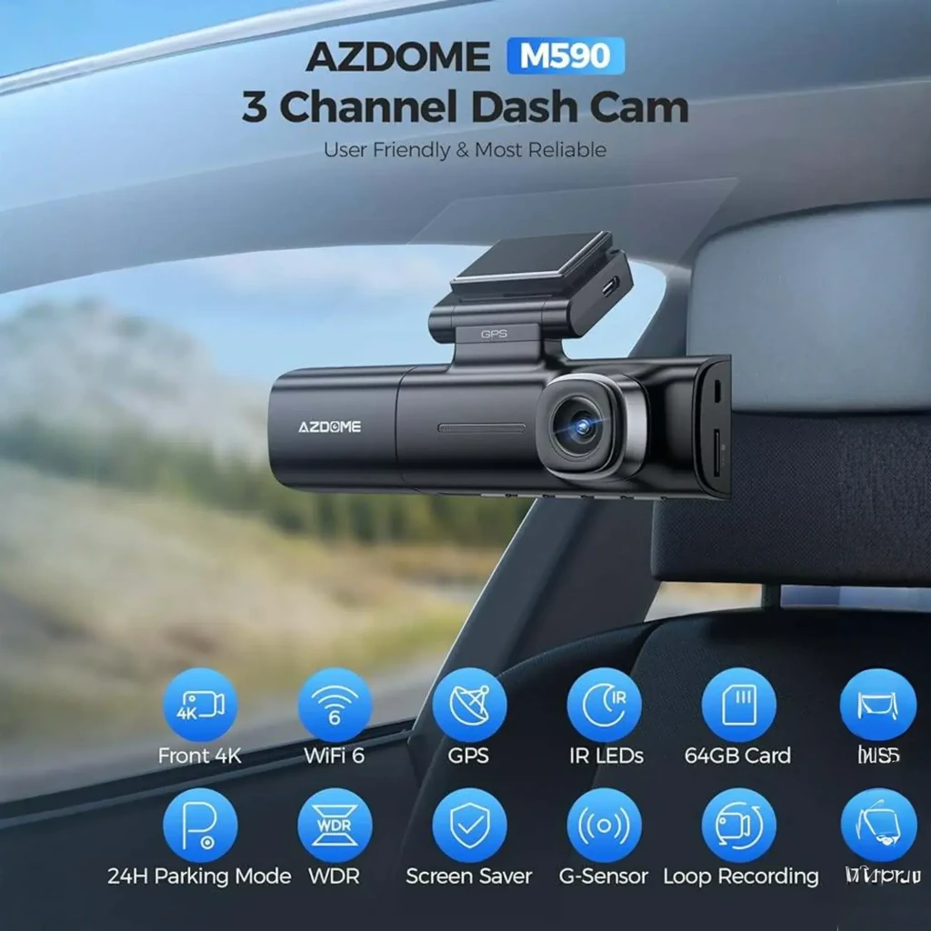 Dashcam Azdome M590 3CH con cámara frontal 2.5K, interior y trasera 1080P, GPS, WiFi 6 y app móvil; pantalla integrada y soporte para microSD 64 GB - Ítem8
