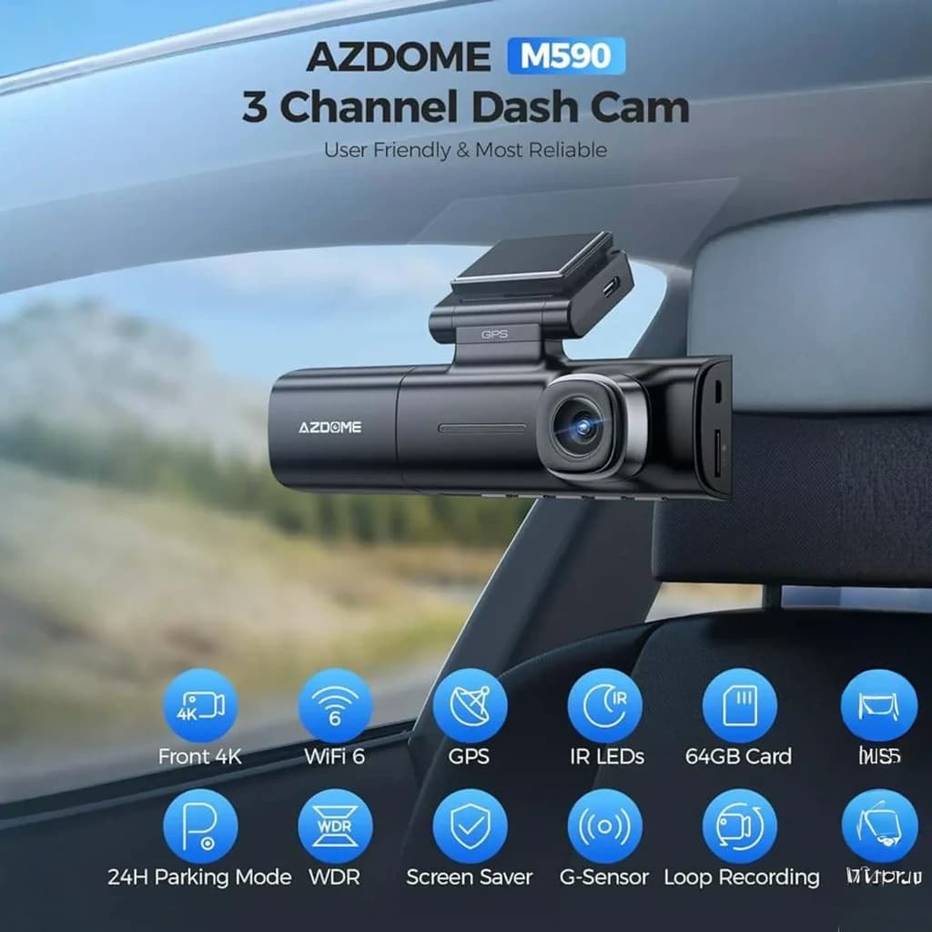 Câmara de bordo Azdome M590 3 canais com lente frontal 2,5K, módulo GPS no topo e câmera traseira 1080P; design compacto preto com display integrado