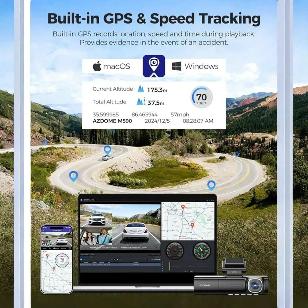Dashcam Azdome M590 3CH con cámara frontal 2.5K, interior y trasera 1080P, GPS, WiFi 6 y app móvil; pantalla integrada y soporte para microSD 64 GB - Ítem4