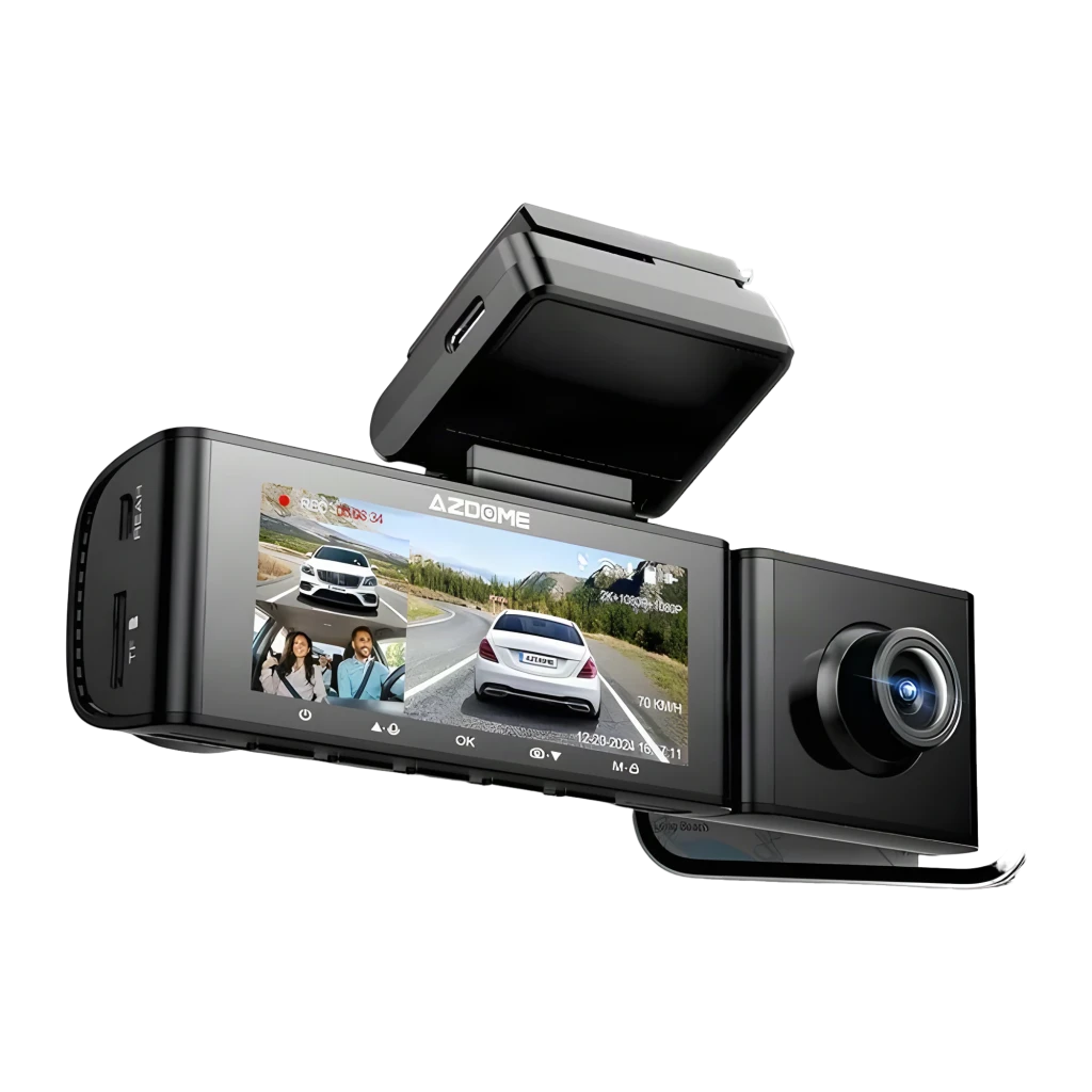 Dashcam Azdome M590 3CH con cámara frontal 2.5K, interior y trasera 1080P, GPS, WiFi 6 y app móvil; pantalla integrada y soporte para microSD 64 GB - Ítem1