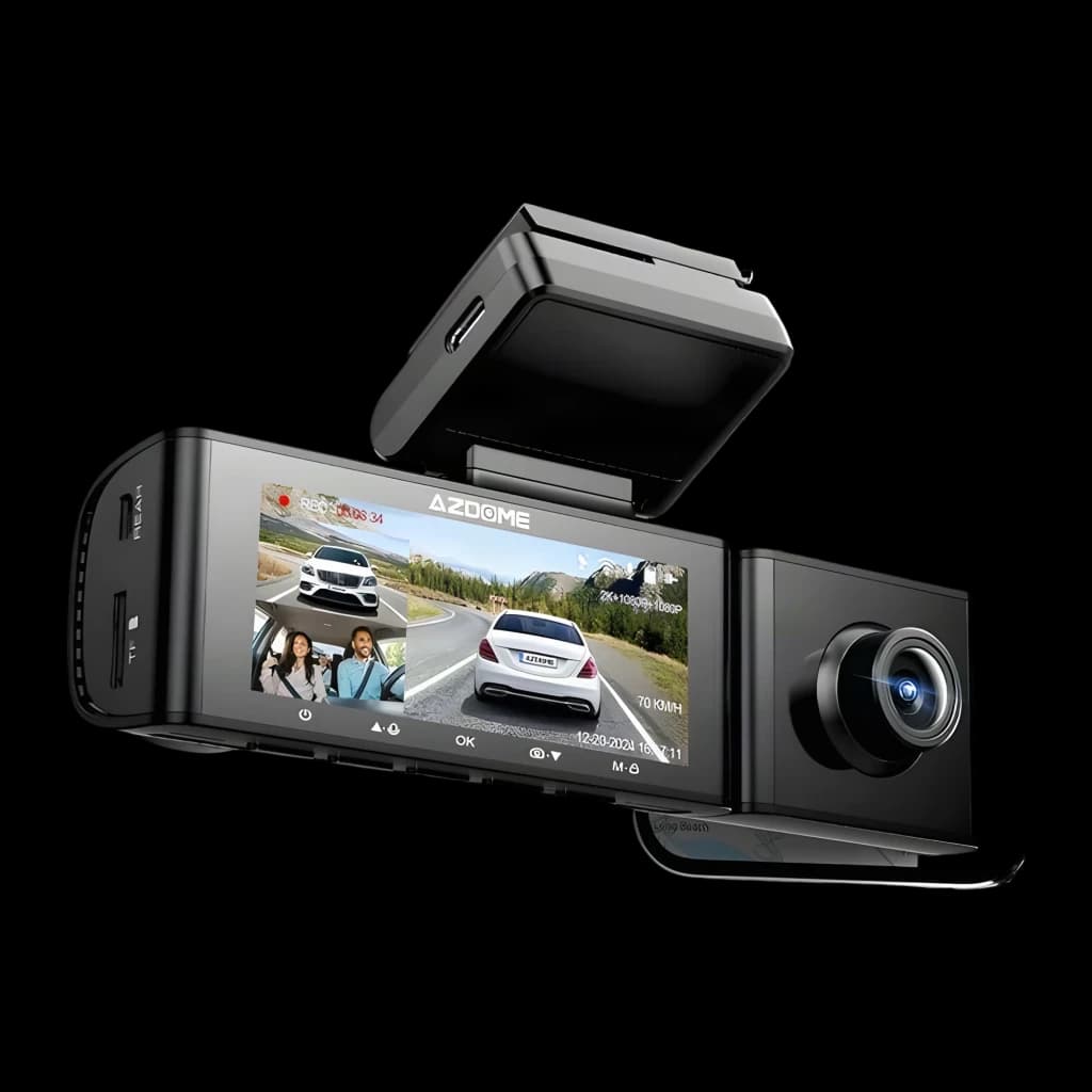 Câmara de bordo Azdome M590 3 canais com lente frontal 2,5K, módulo traseiro 1080P, ecrã integrado, GPS, corpo preto e suporte adesivo discreto