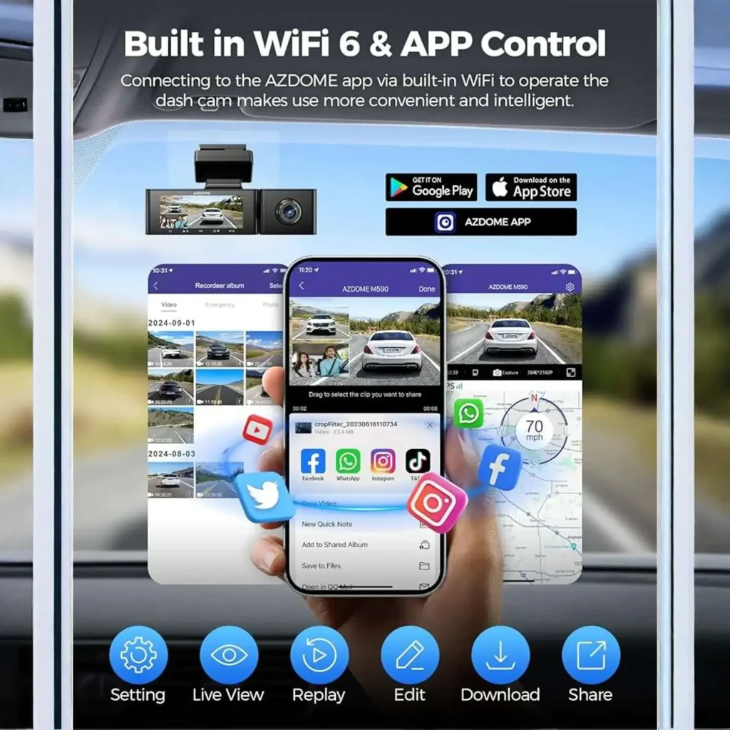 Dashcam Azdome M590 3CH con cámara frontal 2.5K, interior y trasera 1080P, GPS, WiFi 6 y app móvil; pantalla integrada y soporte para microSD 64 GB - Ítem5