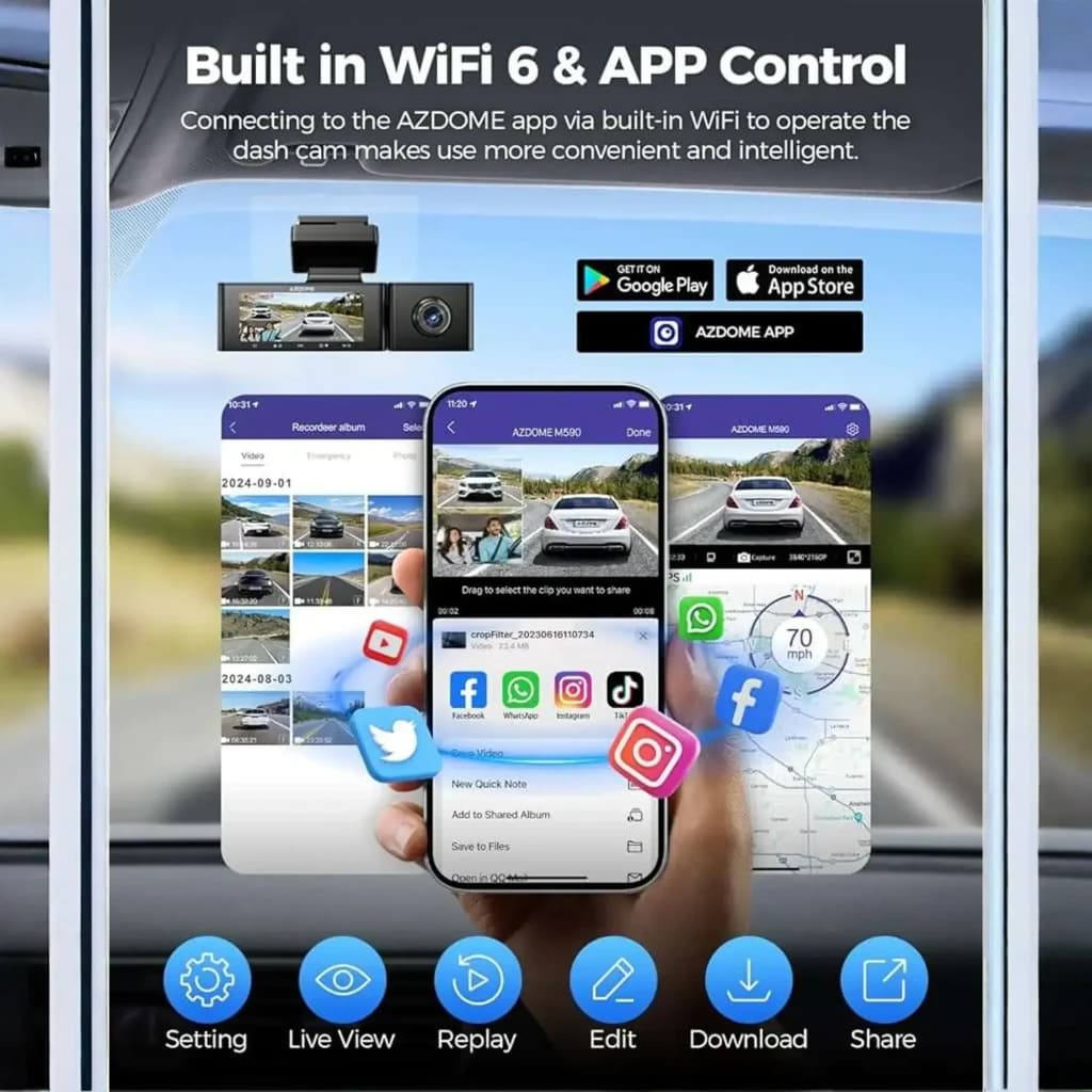 Câmara de bordo Azdome M590 3 canais com tela, Wi‑Fi 6 e controlo por app; grava 2,5K frontal e 1080P traseiro/interior; GPS e ícones de redes visíveis
