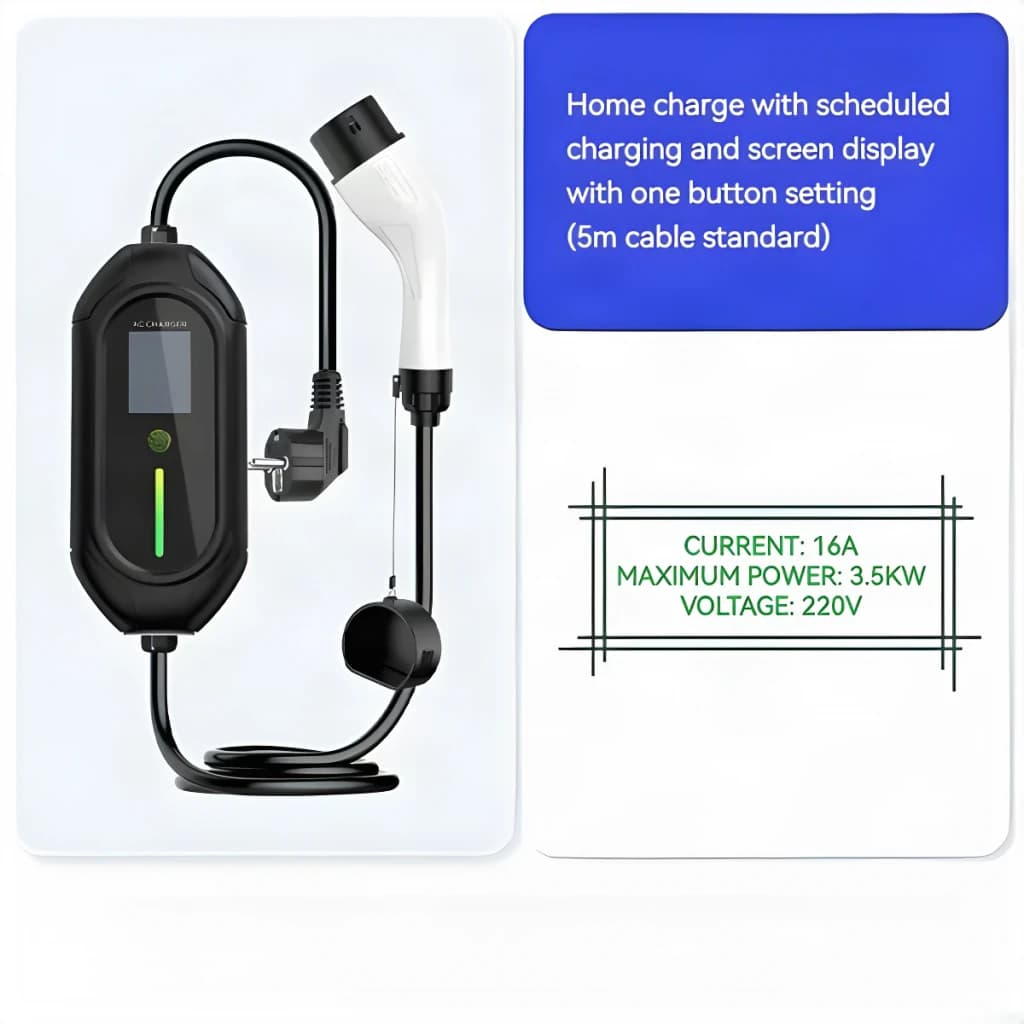 Cargador Vehículo Eléctrico OEM Portátil EV Tipo 2 16A 3.5kW Schuko 5M LCD - unidad negra con pantalla LCD