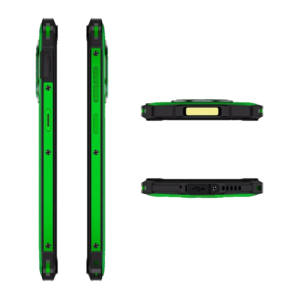 Smartphone robusto verde com cantos reforçados, módulo de câmera traseira quádruplo, tela com notch em V, padrão MIL-STD-810H e selos IP68 e IP69K - Item6