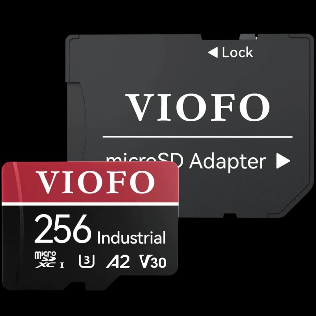 Tarjeta microSD VIOFO 256GB Industrial U3 A2 V30 con adaptador SD; diseño rojo y negro, marcajes de velocidad visibles y pestaña Lock en el adaptador