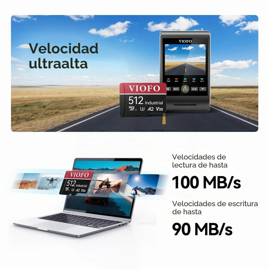 Tarjeta microSD VIOFO 512GB U3 A2 V30 Industrial con adaptador SD incluido, diseño negro y rojo, alta velocidad y durabilidad para cámaras y grabación 4K - Ítem3