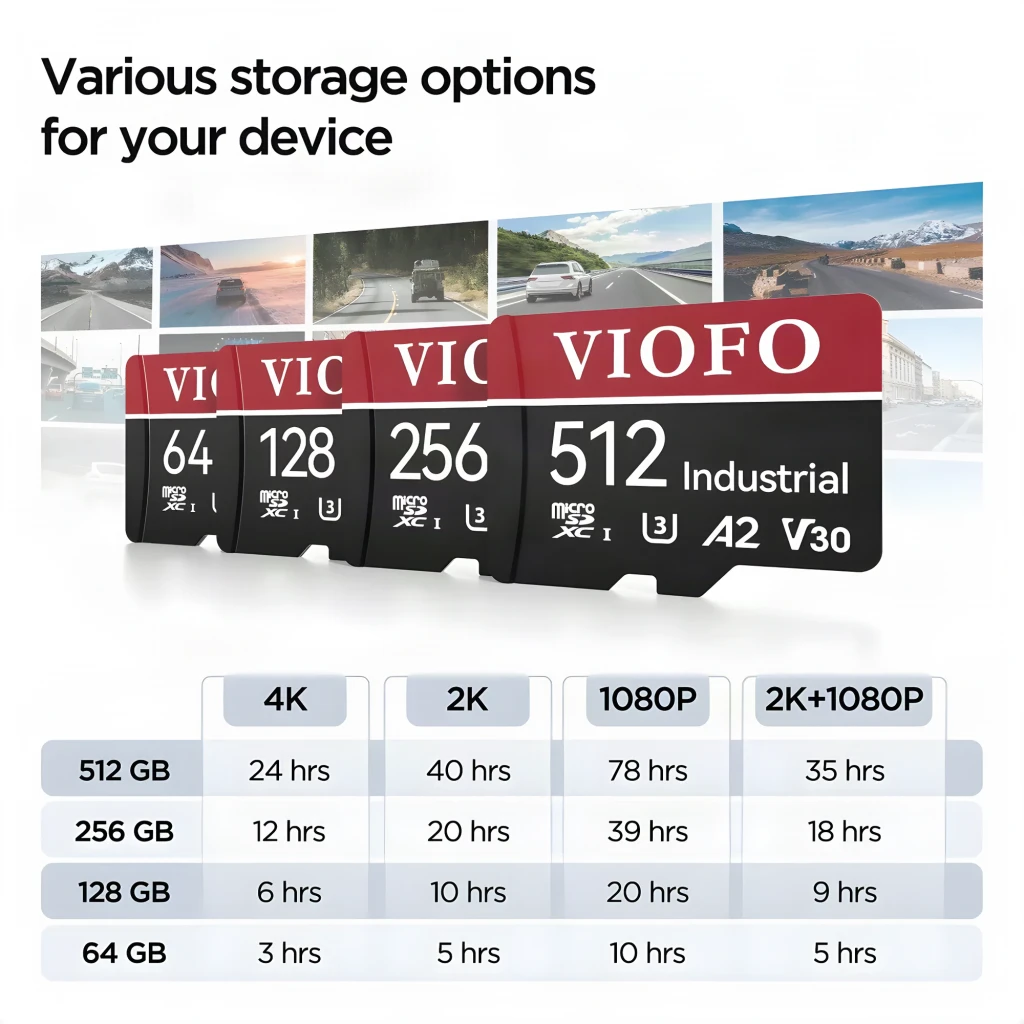 Tarjeta microSD VIOFO 256GB Industrial U3 A2 V30 con adaptador SD; diseño rojo y negro, marcajes de velocidad visibles y pestaña Lock en el adaptador - Ítem1