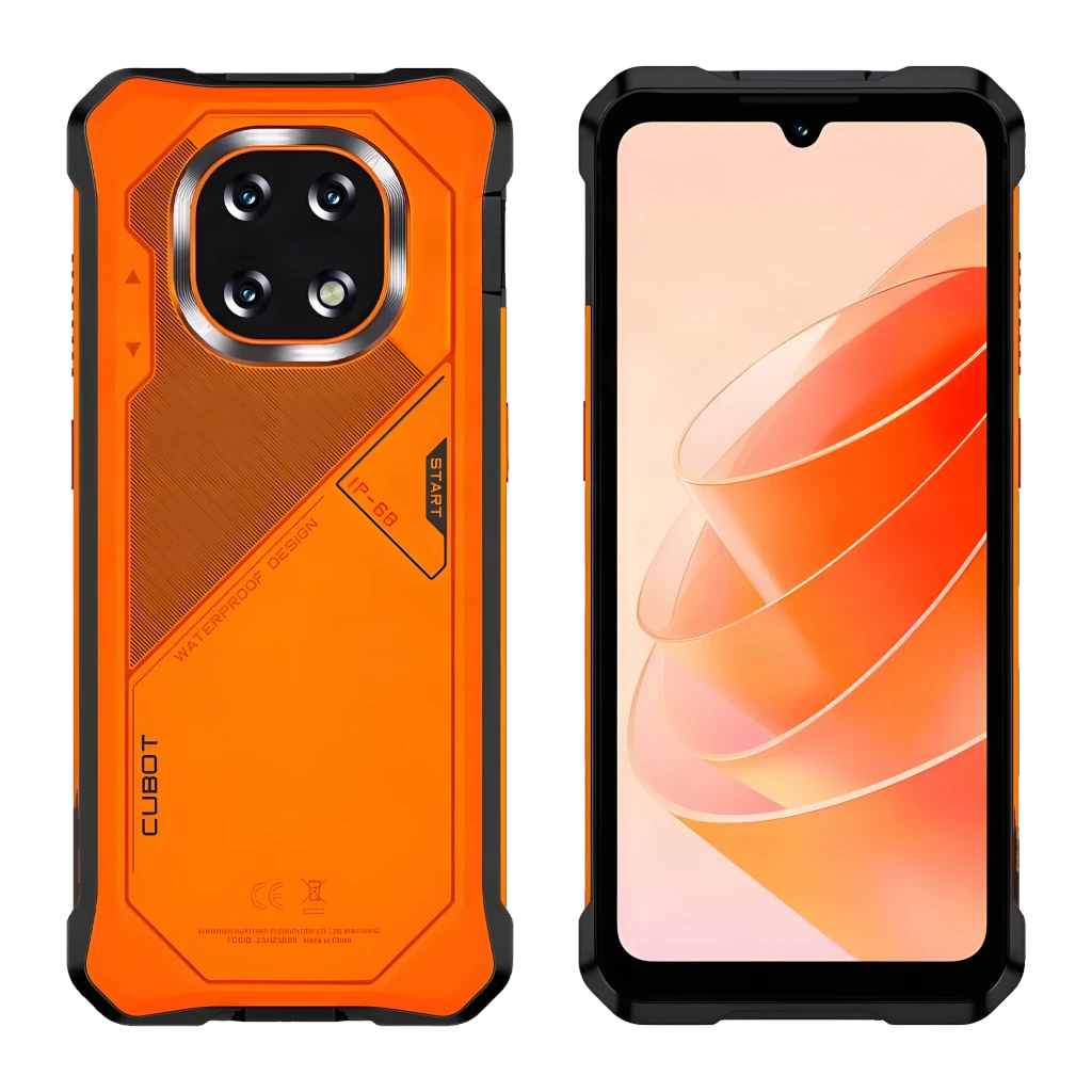 Smartphone robusto laranja com traseira reforçada, módulo de câmera quádruplo, tela grande com notch em gota, selo IP68 IP69K e detalhes em preto e - Item5