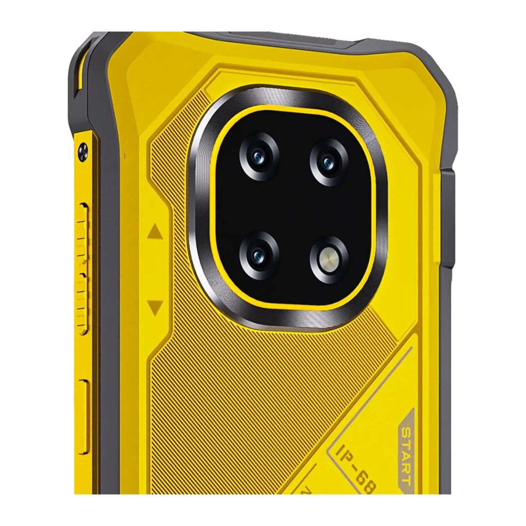 Smartphone robusto amarelo com capa resistente, tela 6,88 polegadas IPS 120 Hz, módulo de câmera traseira quadrado com 4 lentes, bordas reforçadas e design - Item5