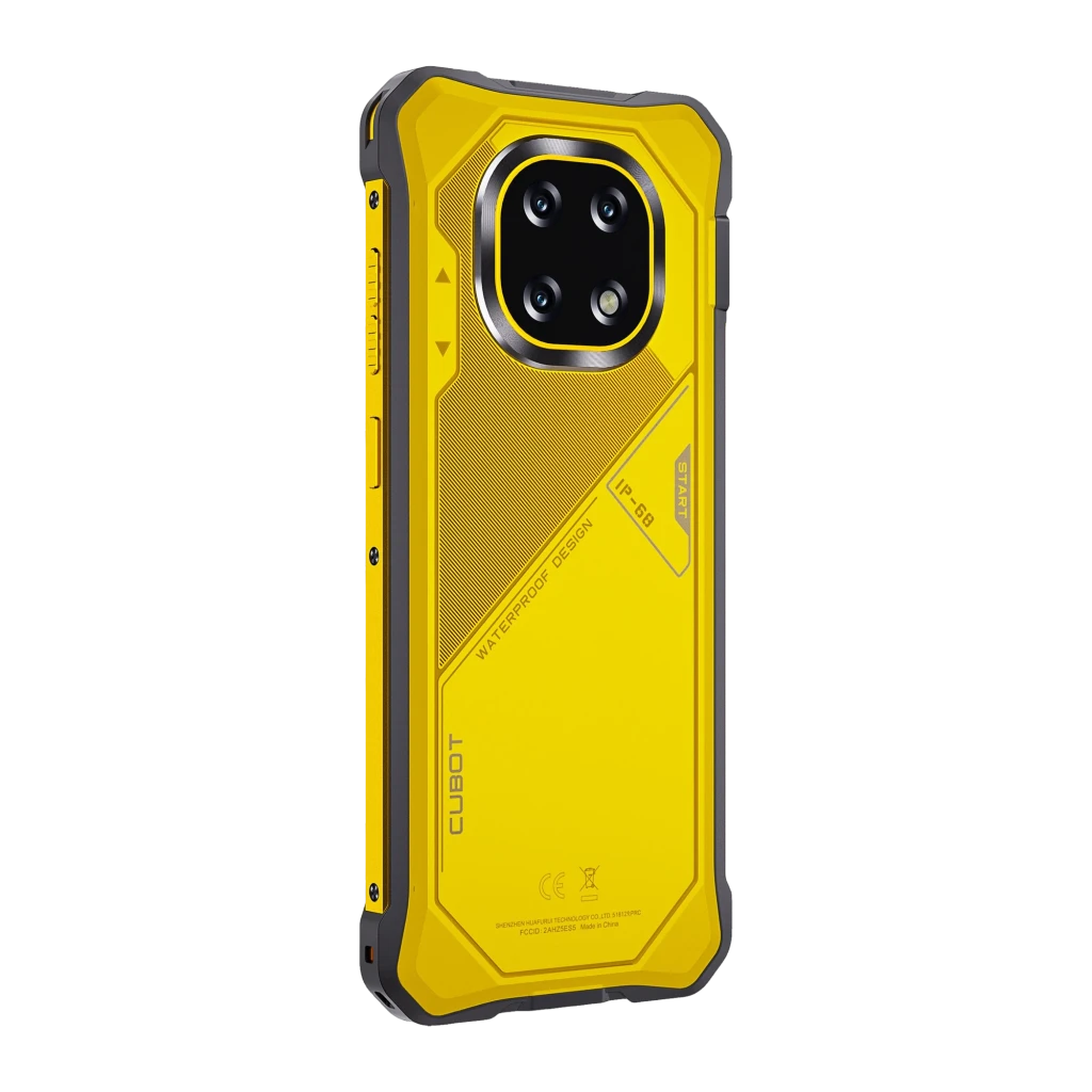 Smartphone robusto amarelo com capa resistente, tela 6,88 polegadas IPS 120 Hz, módulo de câmera traseira quadrado com 4 lentes, bordas reforçadas e design - Item6