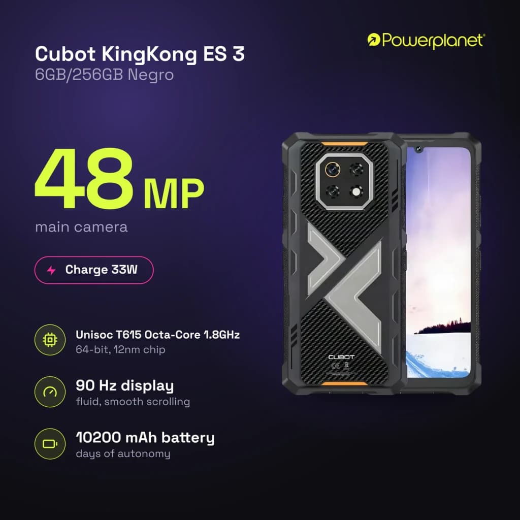 Cubot KingKong ES 3 negro resistente con carcasa robusta, cámara trasera 48 MP en módulo hexagonal, pantalla con agujero frontal y detalles en gris y amarillo