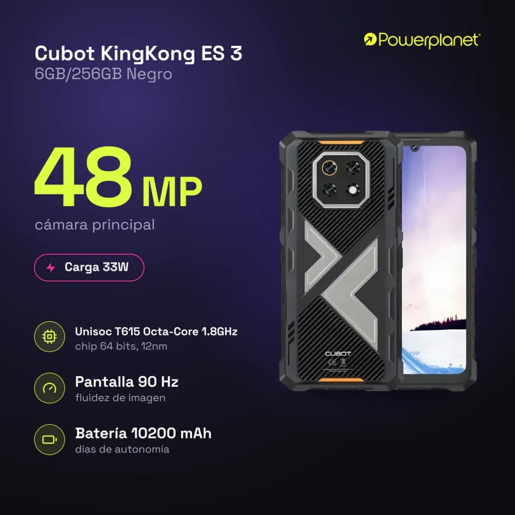 Cubot KingKong ES 3 negro robusto con carcasa rugerizada, cámara 48 MP, pantalla 90 Hz, batería 10200 mAh, carga 33 W, IP68/IP69K, MIL-STD-810H