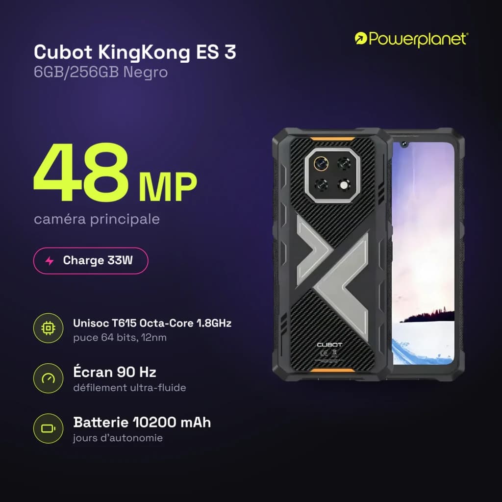 Cubot KingKong ES 3 negro rugerizado con cámara 48 MP, pantalla 90 Hz, 6GB/256GB, batería 10200 mAh, carga 33W, MIL‑STD‑810H, IP68/IP69K, diseño robusto