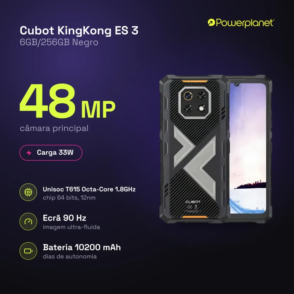 Cubot KingKong ES 3 negro robusto con carcasa rugerizada, módulo trasero triple 48 MP, detalles naranjas, pantalla perforada y borde reforzado IP68/IP69K
