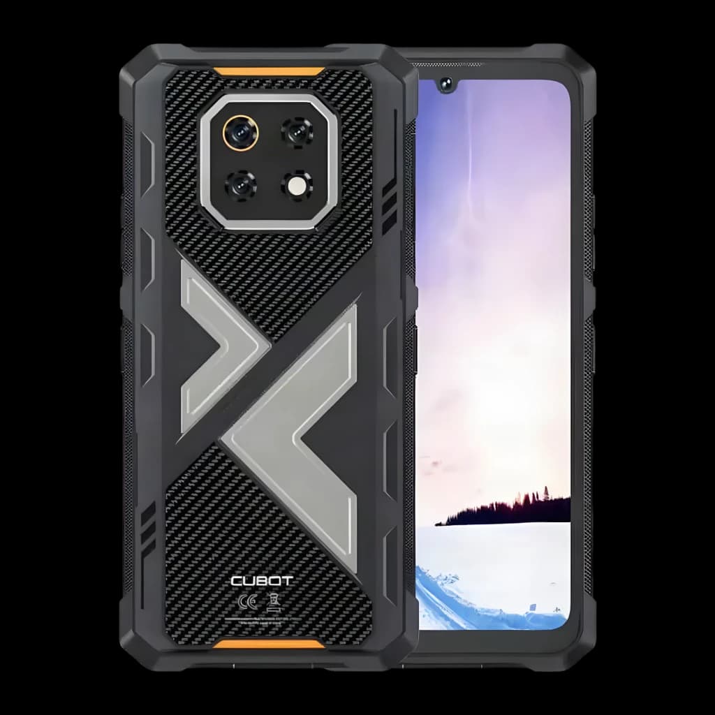 Smartphone rugerizado negro con carcasa robusta, triple cámara trasera en módulo hexagonal, pantalla con notch en gota y detalles en textura carbono y gris