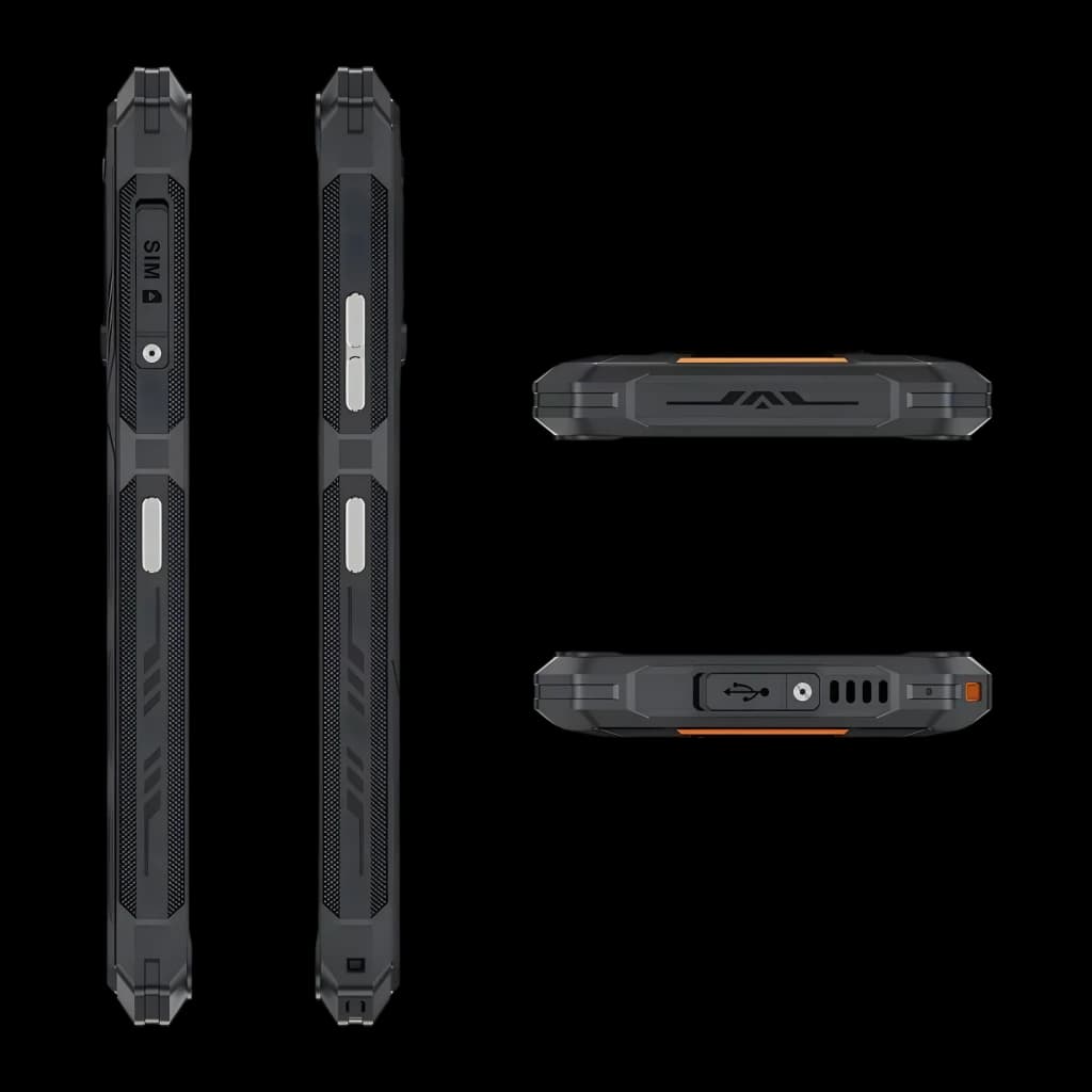 Cubot KingKong ES 3 negro resistente con laterales rugerizados, ranura SIM sellada, botones metálicos, puertos protegidos y detalles naranjas estilo