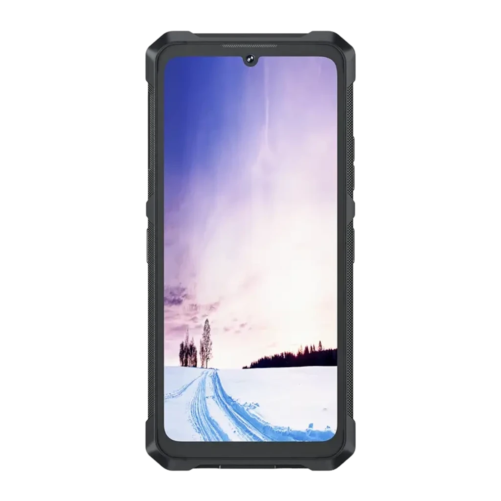 Smartphone rugerizado negro con carcasa robusta, triple cámara trasera en módulo hexagonal, pantalla con notch en gota y detalles en textura carbono y gris - Ítem11