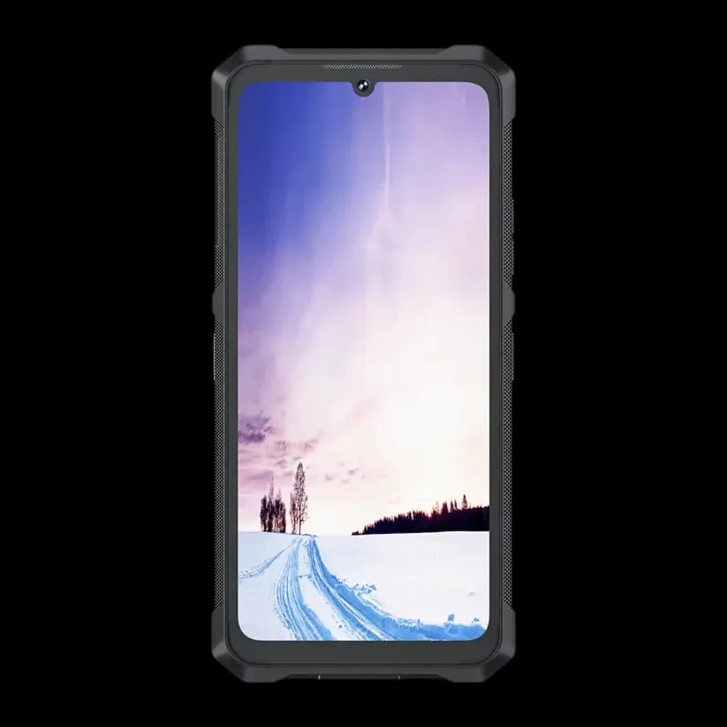 Smartphone rugerizado negro con marco robusto, pantalla grande con notch tipo gota y bordes reforzados, diseño antideslizante ideal para uso extremo