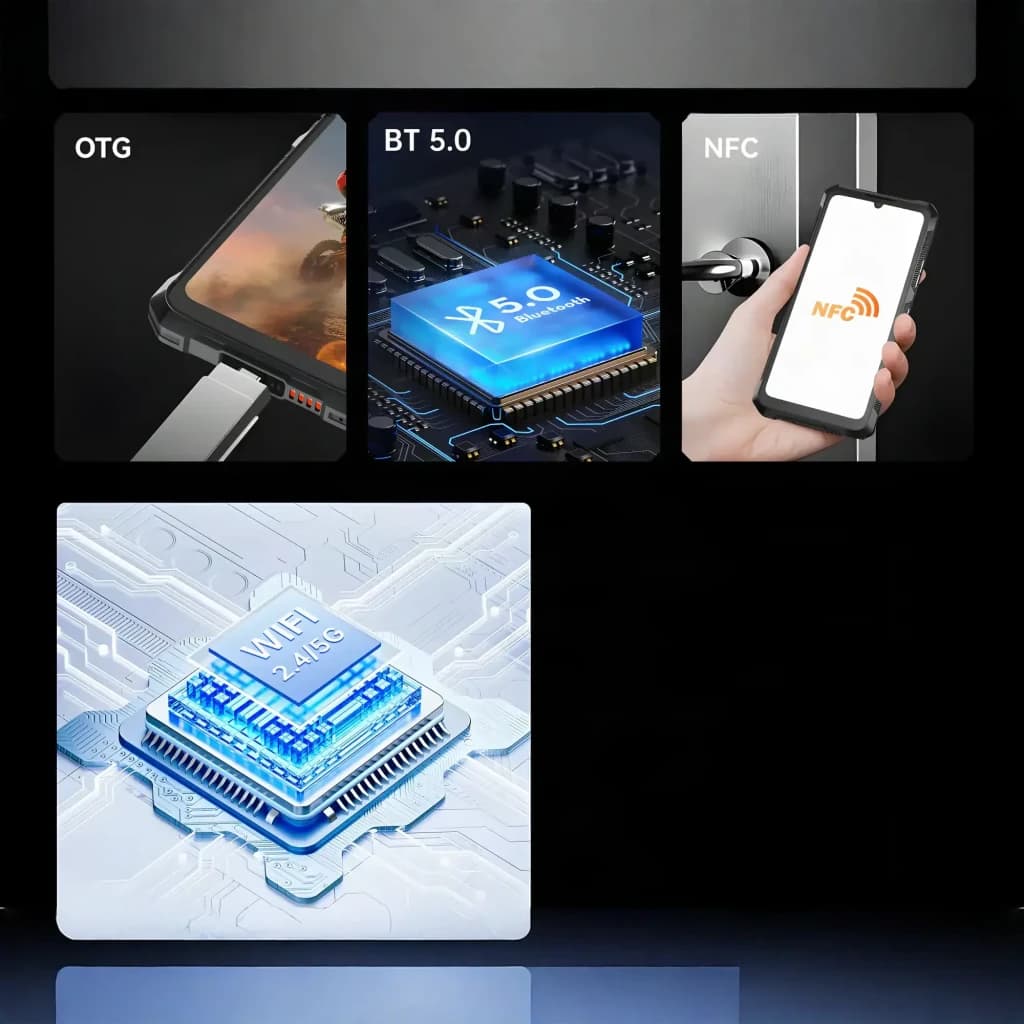 Cubot KingKong ES 3 negro con NFC, BT 5.0 y OTG. Muestra chipset WiFi 2.4/5G en placa, bordes robustos y pantalla con marco resistente, estilo industrial.