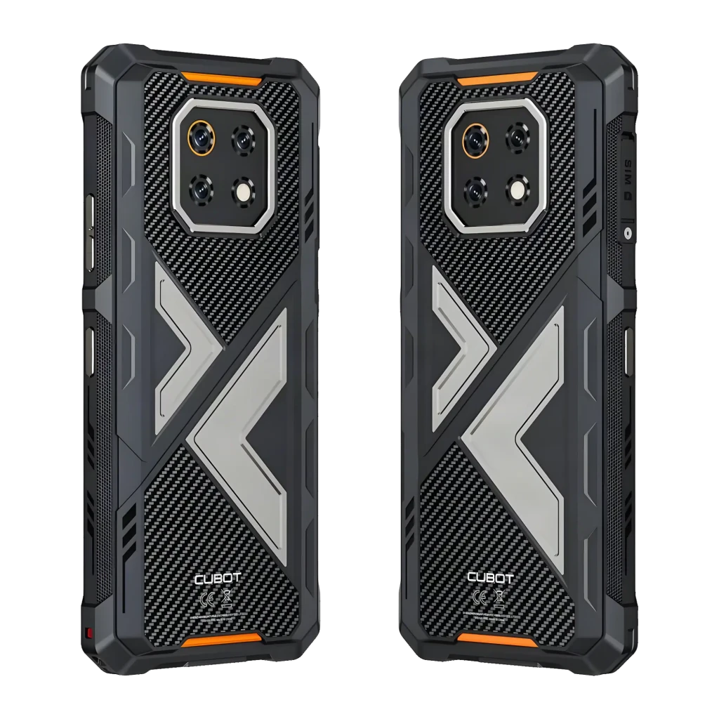 Smartphone rugerizado negro con carcasa robusta, triple cámara trasera en módulo hexagonal, pantalla con notch en gota y detalles en textura carbono y gris - Ítem10