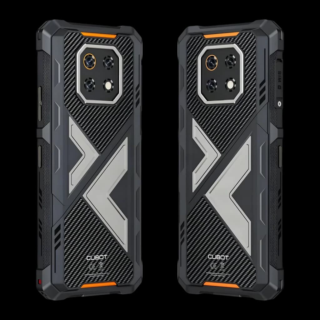 Cubot KingKong ES 3 negro, carcasa rugerizada con textura de fibra de carbono, refuerzos naranjas, módulo trasero triple, bordes antideslizantes y diseño