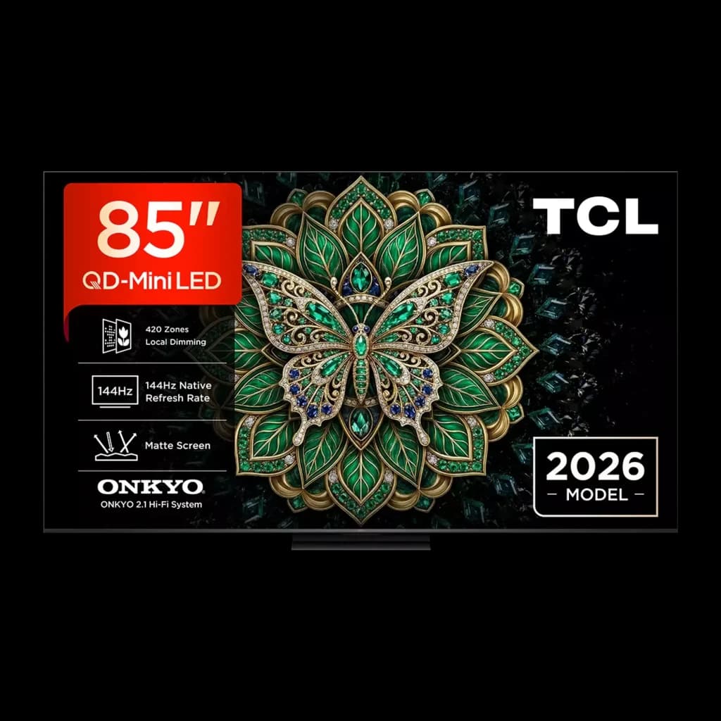 Televisor TCL 85C6K Pro 85 polegadas QD‑Mini LED 4K, 144Hz, tela matte, 420 zonas de escurecimento local, Google TV, som Onkyo, modelo 2026