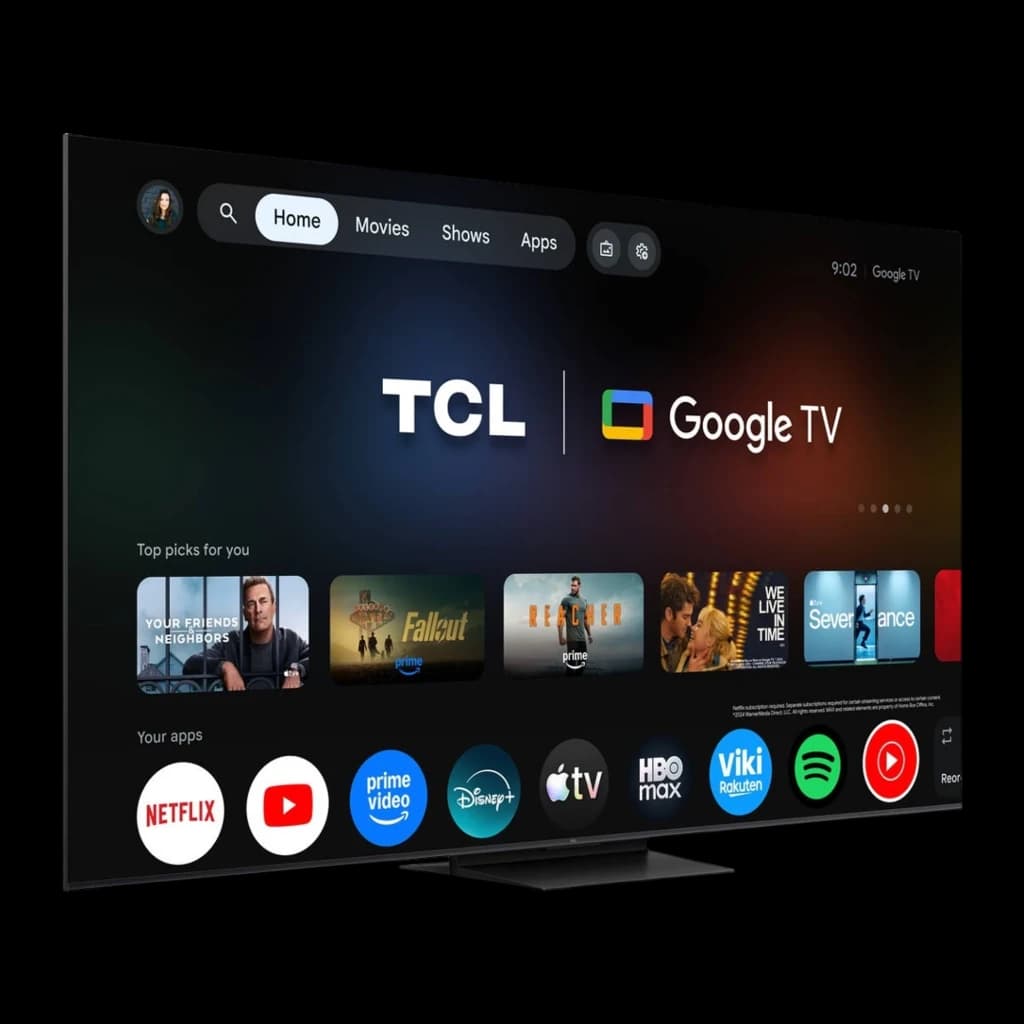 Televisor TCL 85C6K Pro 85 pol QD‑Mini LED 4K com bordas ultrafinas, tela ampla e interface Google TV exibindo apps como Netflix, Prime Video e Spotify