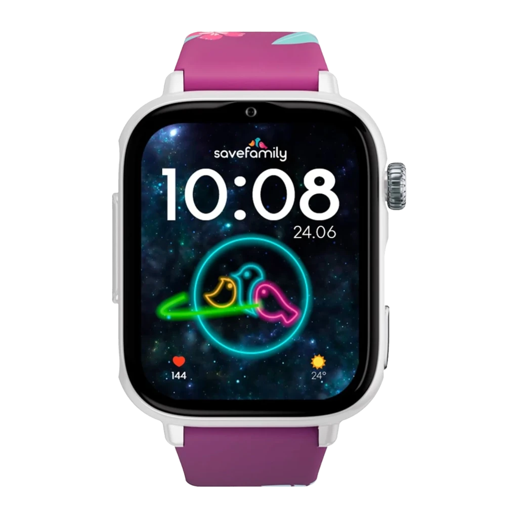 Reloj infantil 4G blanco con correa de silicona Maui morada y detalles turquesa, pantalla a color con diseño floral, botones laterales y hebilla metálica - Ítem1