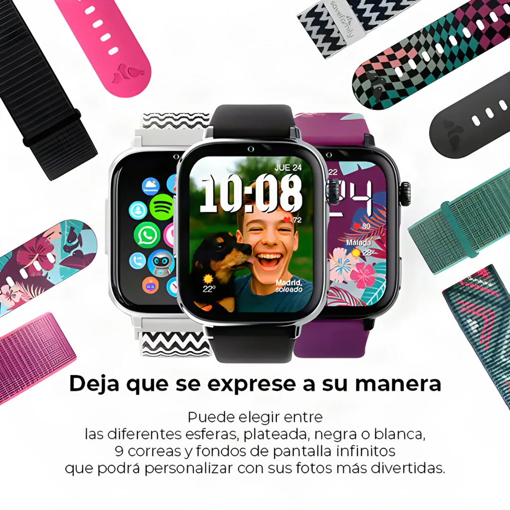 Reloj infantil SaveFamily SaveWatch Plus 2 blanco con correa de tela arcoíris, pantalla táctil negra, botón lateral rojo, compatible 4G y función SOS - Ítem1