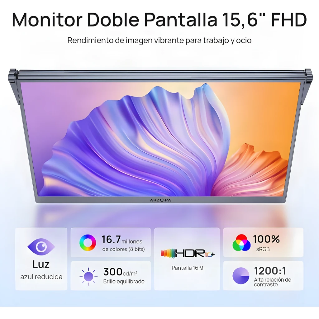 Moniteur portable Arzopa E1 15,6 pouces dual screen Full HD IPS 60 Hz avec support pliable, cadre fin, dalle mate et affichage sans bord pour double écran - Ítem7