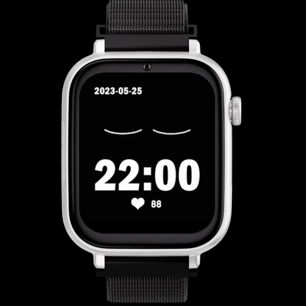 SaveFamily SaveWatch Plus Branco com bracelete de tecido preta, ecrã retangular com data, hora grande e batimentos, botão lateral SOS e videochamada
