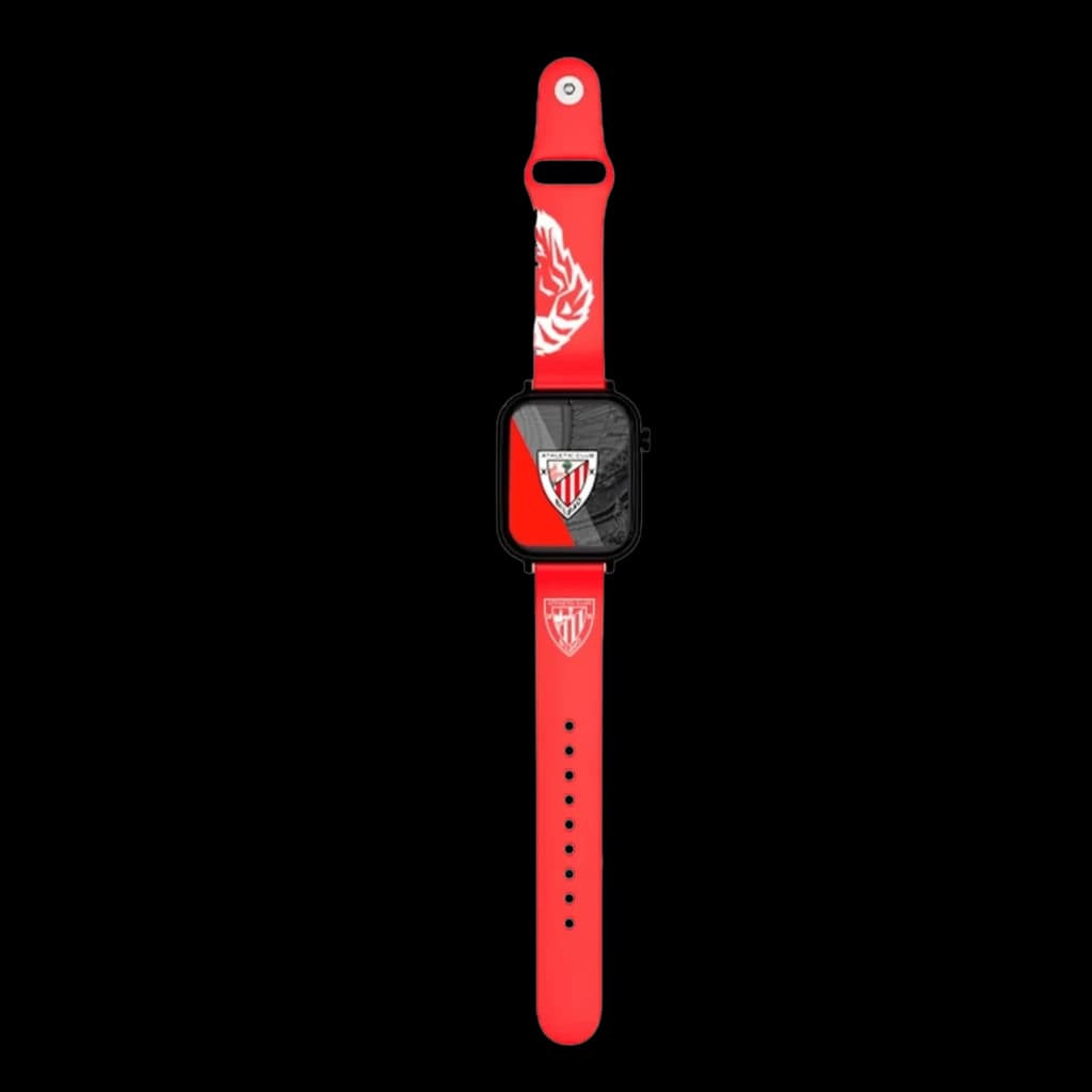 SaveFamily SaveWatch Plus Ed. Athletic Bilbao com bracelete de silicone vermelho, logótipo do clube no mostrador e na pulseira, botão SOS visível
