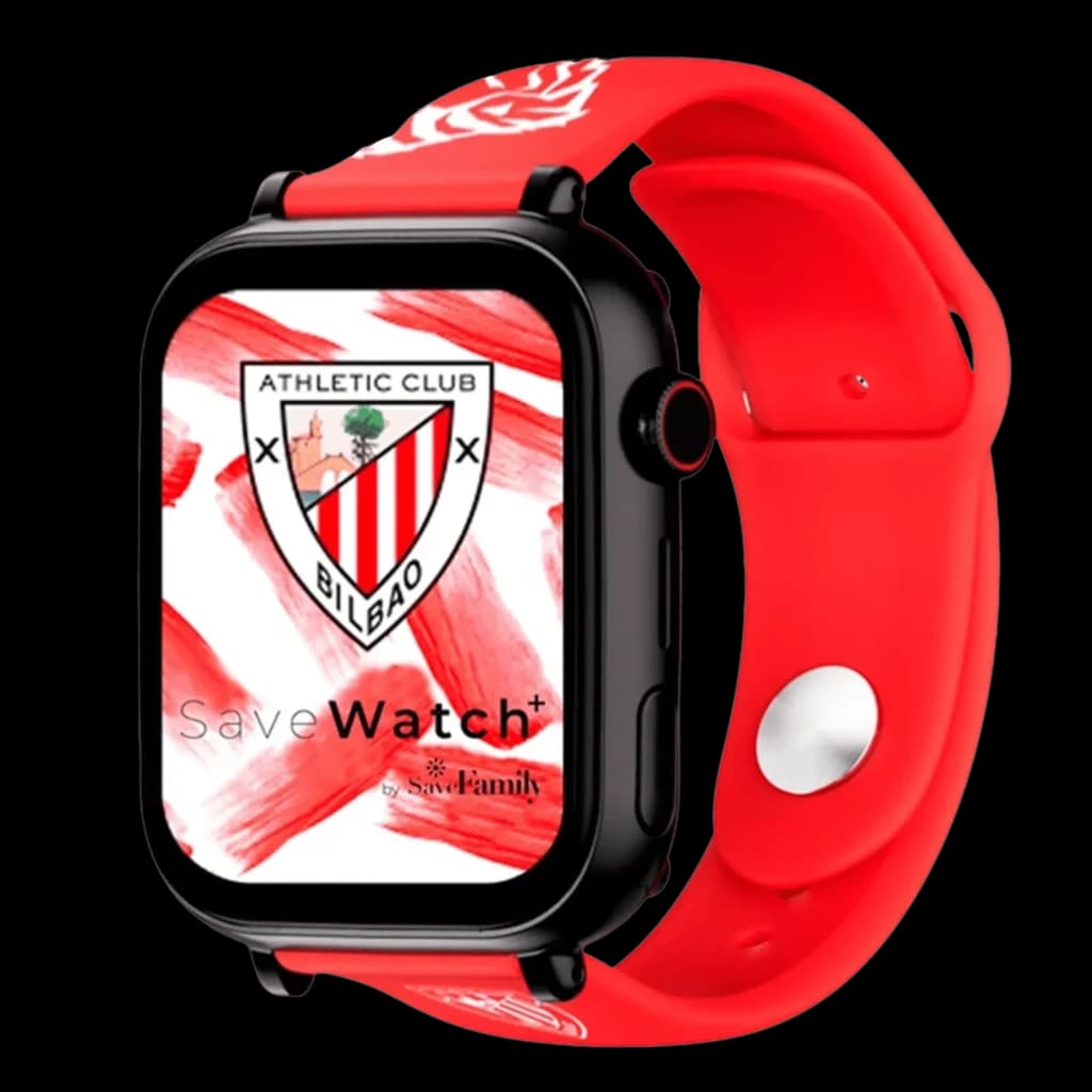 SaveFamily SaveWatch Plus Ed. Athletic Bilbao com bracelete de silicone vermelho, mostrador com escudo do clube, caixa preta e botão SOS destacado em vermelho