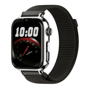 Reloj infantil SaveFamily SaveWatch Plus 2 en plata con correa de tela Black Night, pantalla rectangular con hora digital grande y bisel metálico brillante