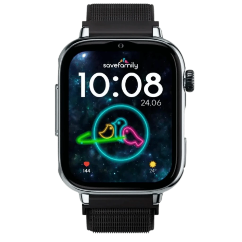 SaveFamily SaveWatch Plus 2 Plata con correa de tela Black Night; caja metálica plateada, pantalla negra con reloj digital y dial rojo, botón lateral y 4G SOS - Ítem3