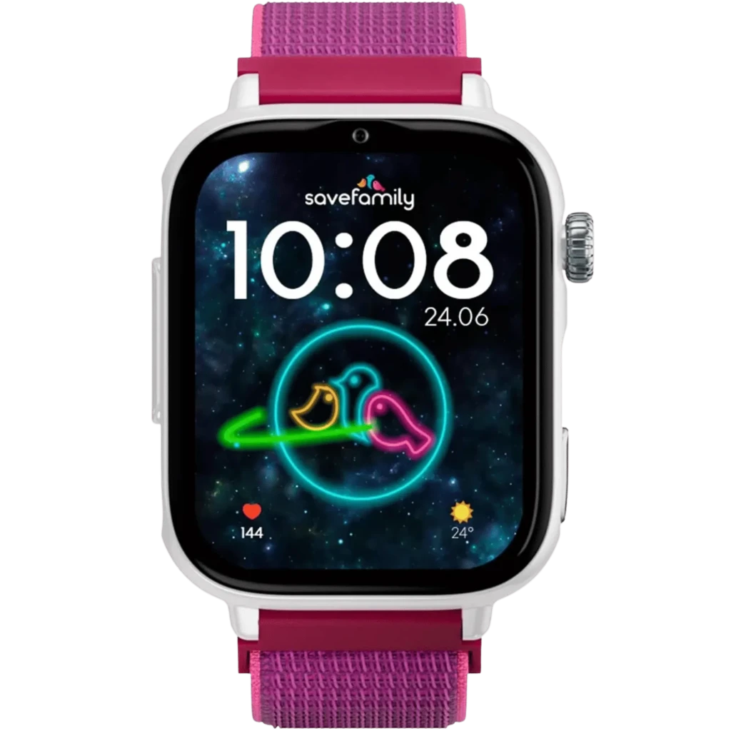 SaveFamily SaveWatch Plus 2 blanco con correa de tela frambuesa, pantalla rectangular con dígitos grandes, botón lateral metálico y marco curvo 4G SOS - Ítem3