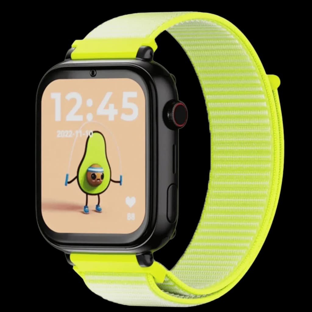 SaveFamily SaveWatch Plus Preto com pulseira de tecido amarelo fluorescente, botão SOS lateral e tela colorida quadrada com mostrador lúdico